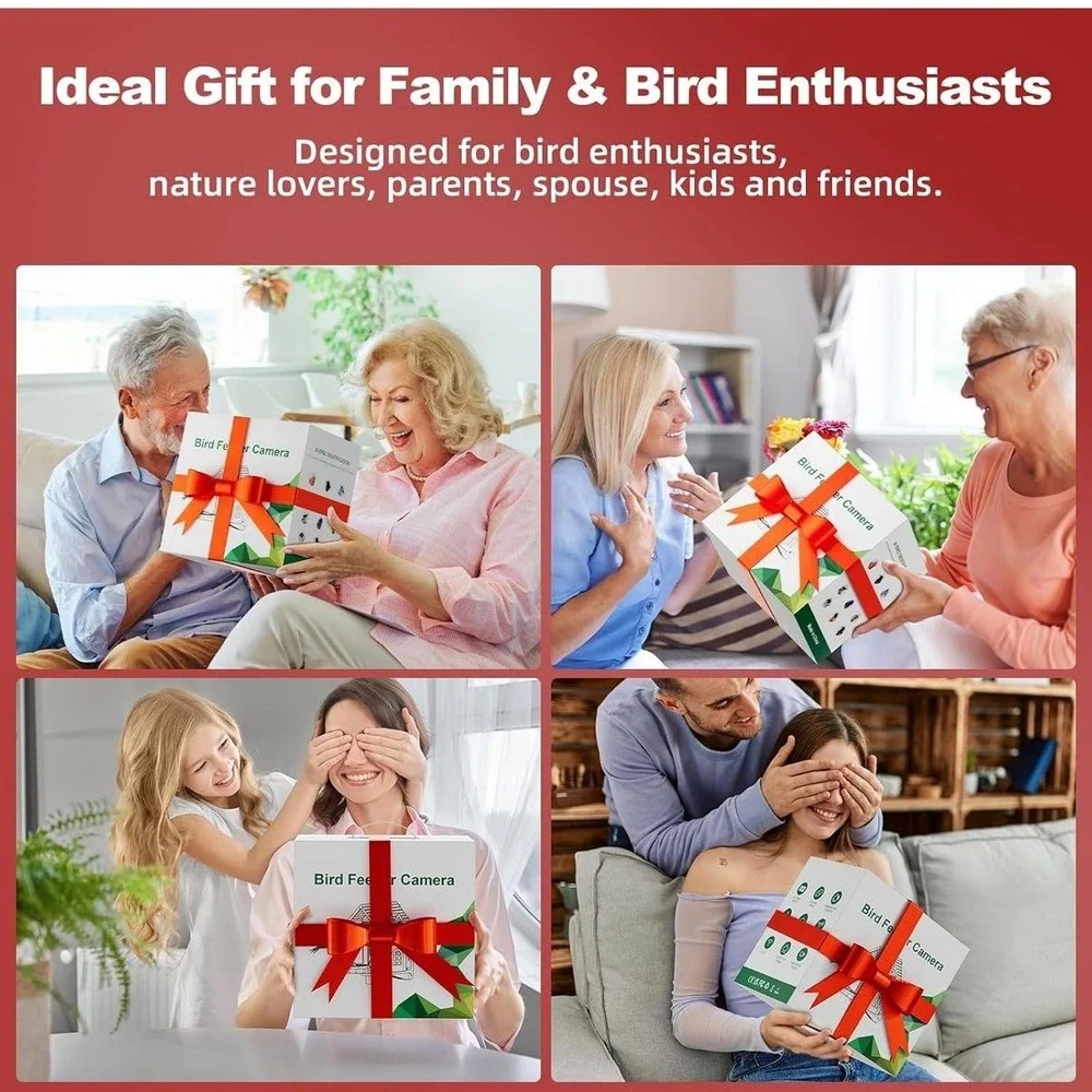 Smart‎ Bird Feeder Camera FB-A08 2K WiFi Solar Powered AI Night Vision Red